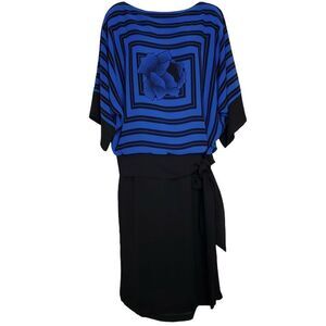Vintage 80s Waisted Dress Sz 7/8 Blue Black Color Block Floral Rose Geometric